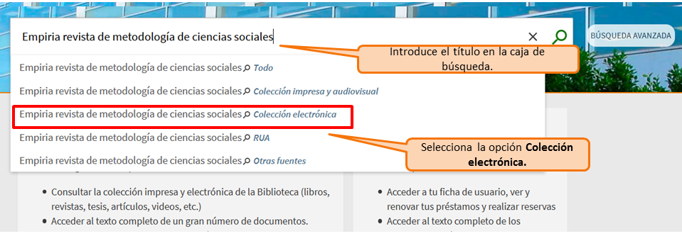 Captura de pantalla mostrando cómo buscar la revista electrónica 'Empiria revista de metodología de ciencias sociales' utilizando la búsqueda básica del catálogo, seleccionando la opción 'Colección electrónica'