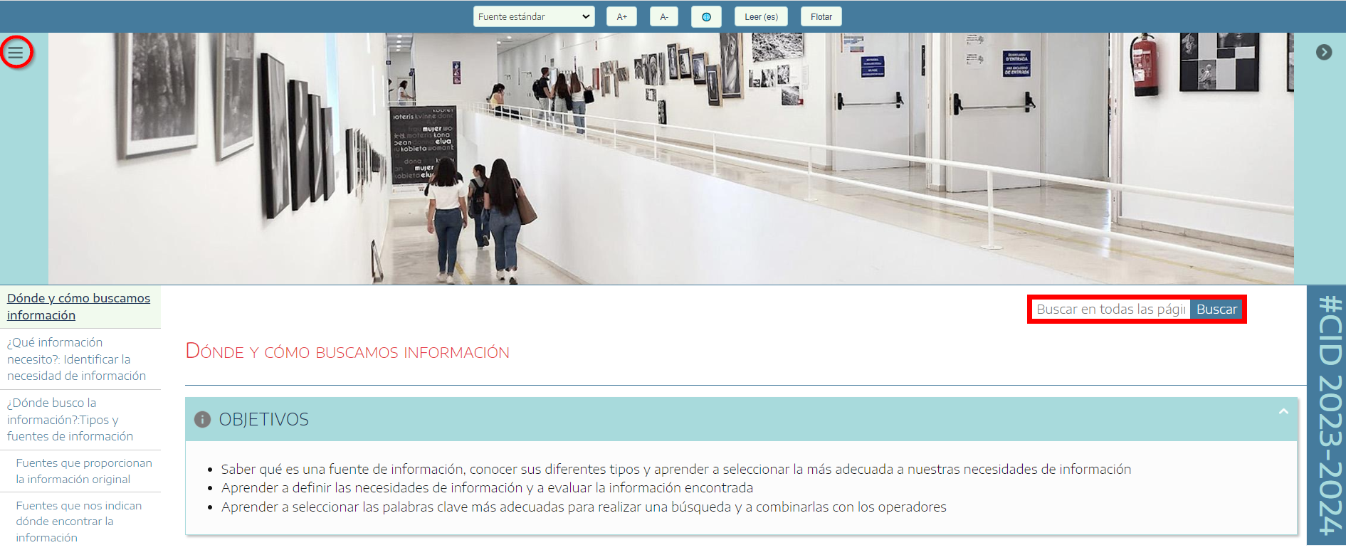 Índice de contenidos del tema y barra de búsqueda
