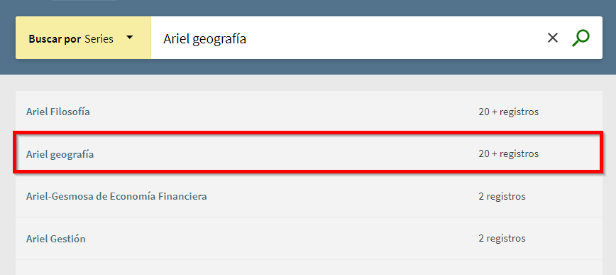 Captura de pantalla mostrando cómo buscar la colección 'Ariel geografía' en el índice de series. 