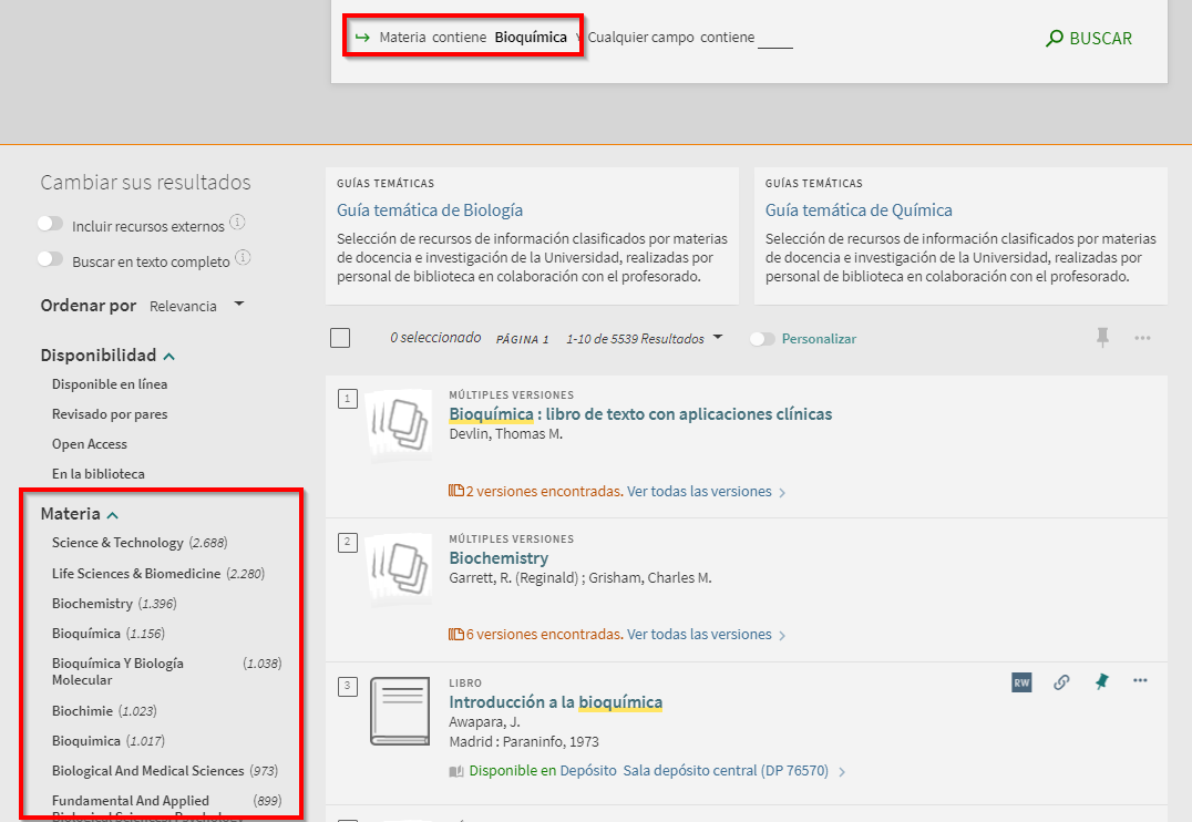 Captura de pantalla del catálogo, mostrando la lista de resultados tras buscar la materia 'Bioquímica', señalando la ubicación del filtro 'Materia'.
