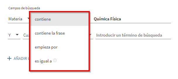 Captura de pantalla en la que se muestran las distintas opciones de búsqueda por materia