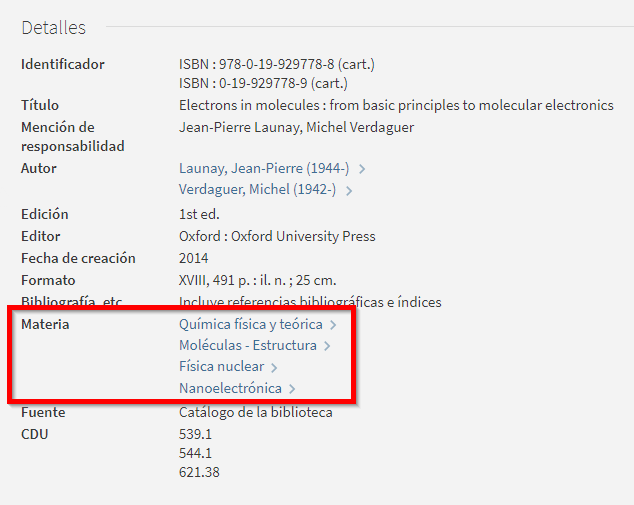 Captura de pantalla del catálogo en la que se muestra que el libro 'Electrons in molecules' tiene asignadas cuatro materias.
