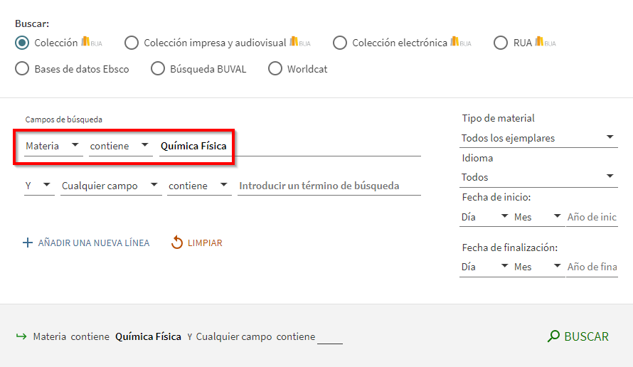 Captura de pantalla del catálogo mostrando cómo buscar la materia 'Química física' utilizando el formulario de búsqueda avanzada