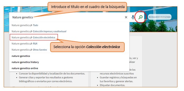 Captura de pantalla mostrando cómo buscar la revista electrónica 'Nature genetics' utilizando la búsqueda básica del catálogo, seleccionando la opción 'Colección electrónica' 