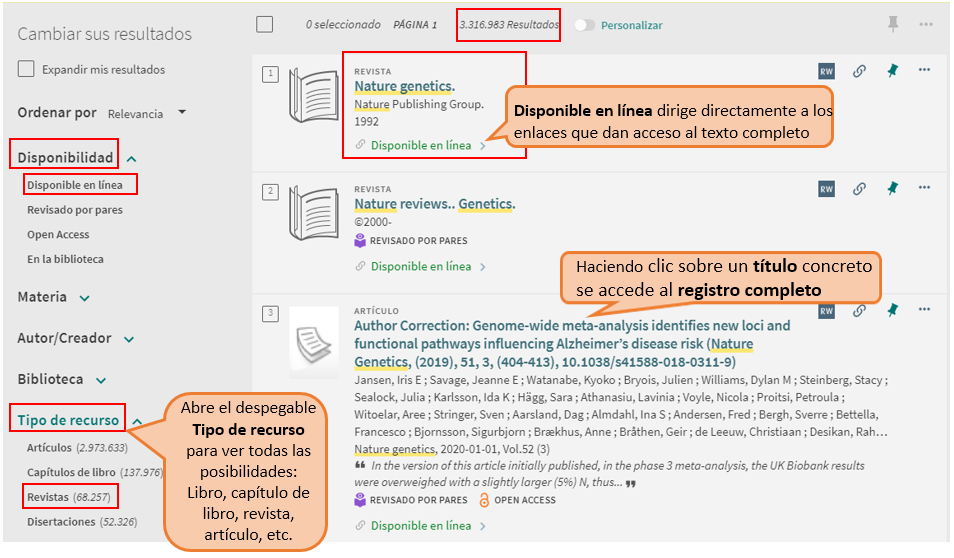 Captura de pantalla mostrando cómo aplicar los filtros 'Disponible en línea' y tipo de material 'Revistas' en la página de resultados