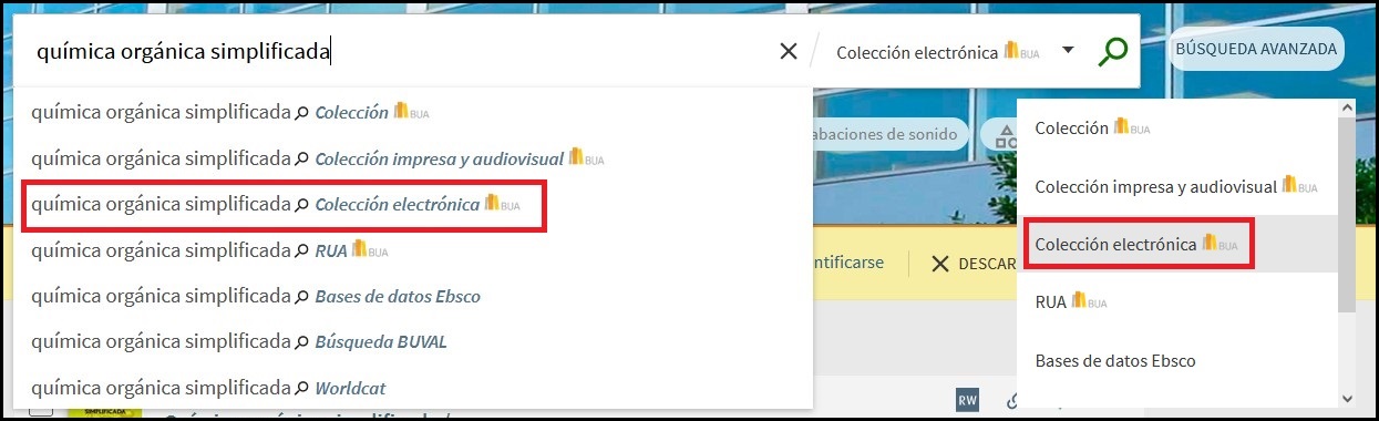 Captura de pantalla mostrando cómo buscar el libro electrónico "Ceremonial y protocolo empresarial" utilizando la búsqueda básica del catálogo, seleccionando la opción "Colección electrónica" 