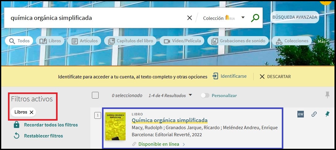 Captura de pantalla mostrando la aplicación de los filtros 'Disponible en línea' y 'Libros' en la lista de resultados.