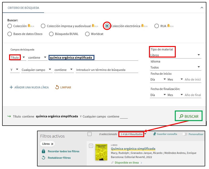 Captura de pantalla mostrando cómo utilizar el formulario de búsqueda avanzada del catálogo para buscar el libro-e 'Química orgánica simplificada'