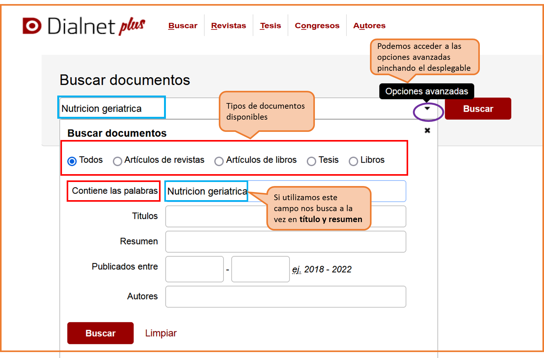 Captura de pantalla mostrando cómo acceder al formulario de búsqueda avanzada de Dialnet Plus y sus opciones: tipos de documentos, campos de búsqueda (Título, Resumen, Autor) y rango de fechas