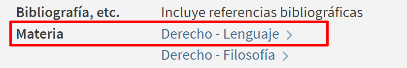 Captura de pantalla del catálogo en la que se muestra asignada la materia 'Derecho lenguaje'.