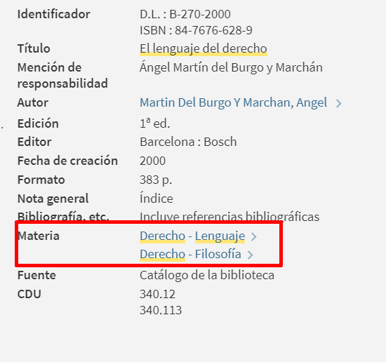 Captura de pantalla del catálogo en la que se muestra que el libro "El lenguaje del Derecho"