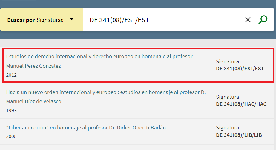 Captura de pantalla que muestra cómo usar la búsqueda por índices para buscar la signatura CI 544/ADA/PRO, correspondiente al libro "Problemas de química física".