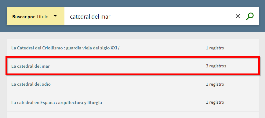 Captura de pantalla correspondiente a la búsqueda de "catedral del mar" en el índice de títulos del catálogo