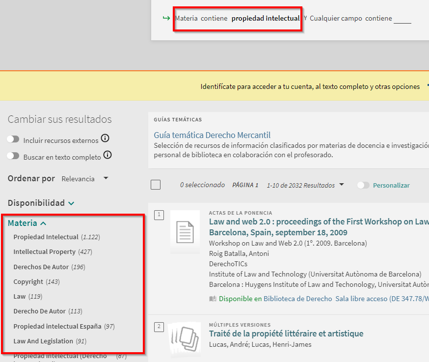 Captura de pantalla del catálogo, mostrando la lista de resultados tras buscar la materia 'Bioquímica', señalando la ubicación del filtro 'Materia'.