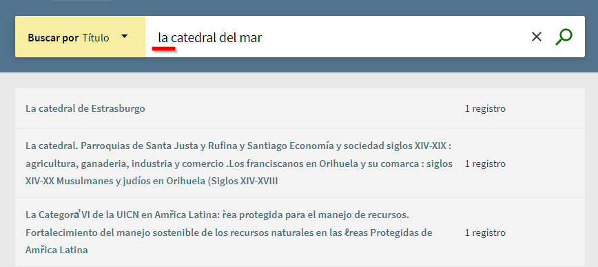 Captura de pantalla correspondiente a la búsqueda de "la catedral del mar" en el índice de títulos del catálogo