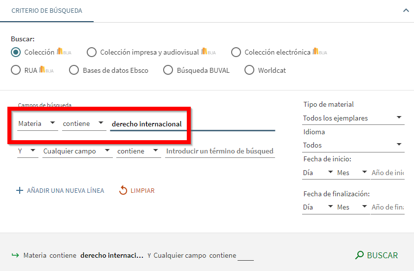 Captura de pantalla del catálogo mostrando cómo buscar la materia 'Derecho Internacional' utilizando el formulario de búsqueda avanzada