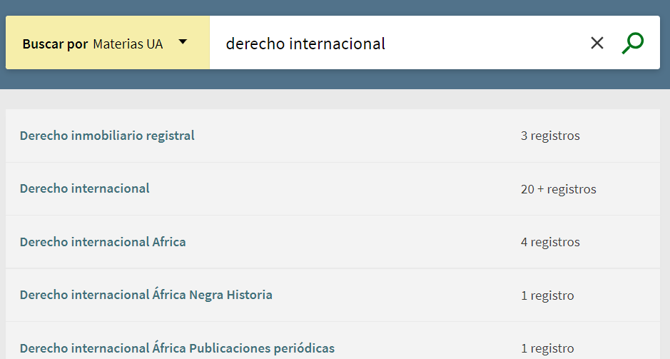 Captura de pantalla del catálogo mostrando el resultado de buscar 'Derecho internacional' en el índice de materias