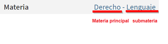 Captura de la materia 'Derecho Lenguaje', indicando que 'Derecho' es la materia principal y que 'Lenguaje' es la submateria