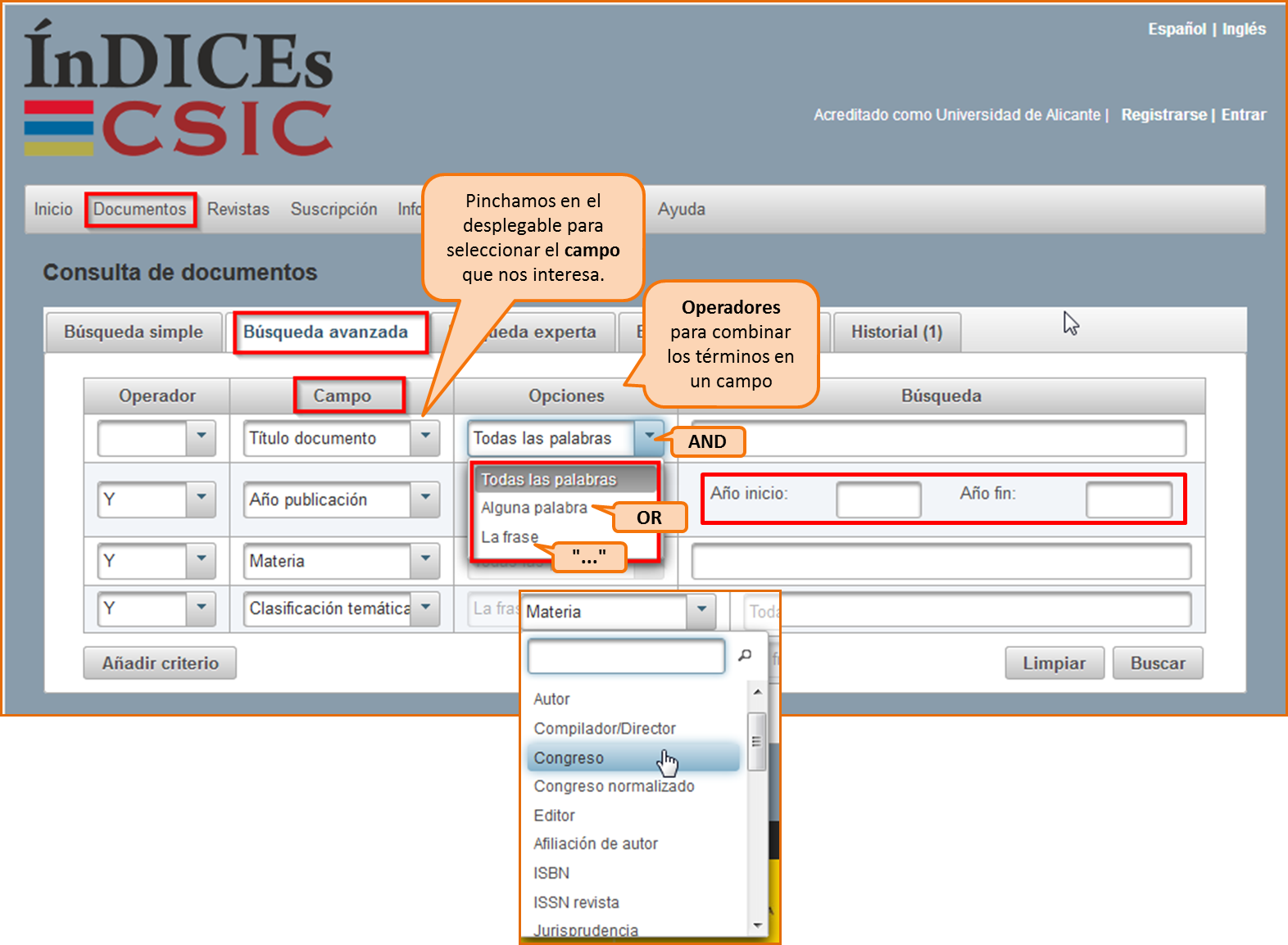 Captura de pantalla mostrando las opciones de la búsqueda avanzada de documentos de ÍnDICEs CSIC: selección de campos, operadores para combinar los términos en un campo, etc.
