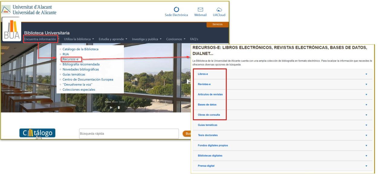 Captura de pantalla mostrando cómo localizar el apartado de Recursos-e dentro de la página web de la BUA