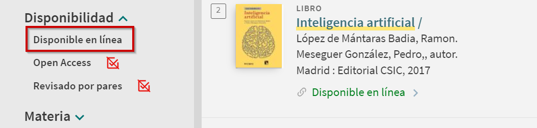 Captura de pantalla mostrando la ubicación del filtro 'Disponible en línea' en la lista de resultados. 