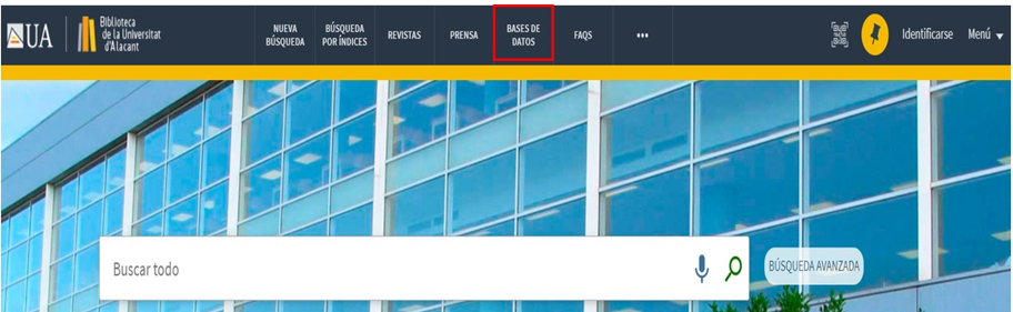 Captura de pantalla del catálogo, mostrando la localización de la opción “Bases de datos” dentro del Menú superior