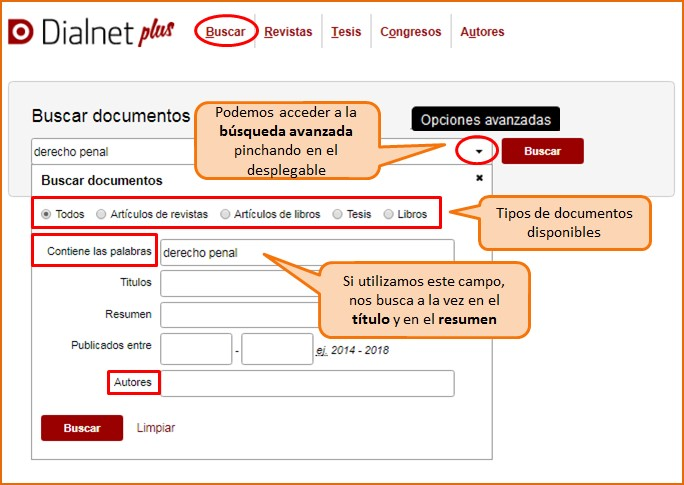 Captura de pantalla mostrando cómo acceder al formulario de búsqueda avanzada de Dialnet Plus y sus opciones: tipos de documentos, campos de búsqueda (Título, Resumen, Autor) y rango de fechas