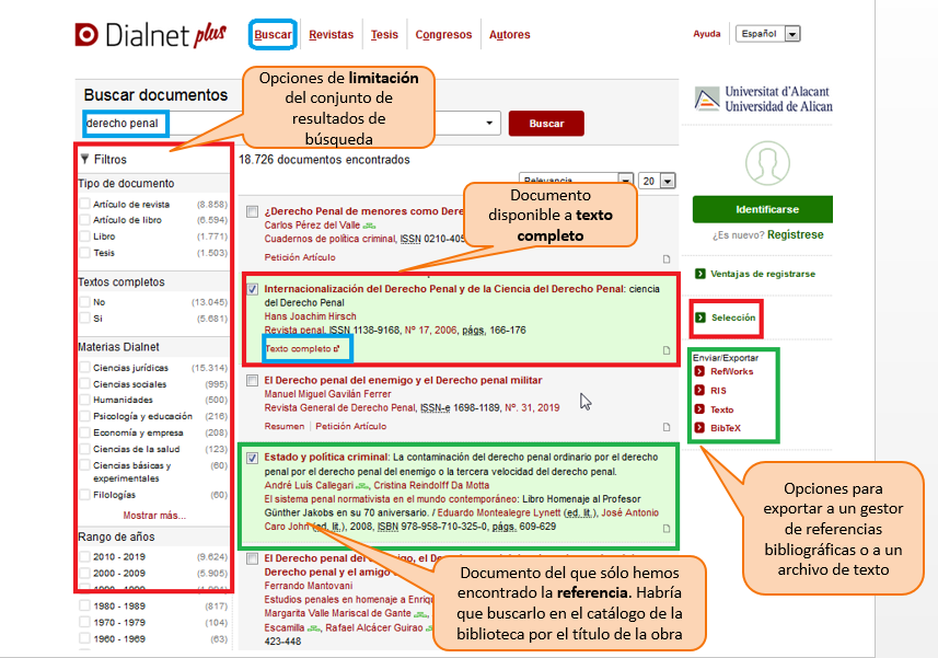Captura de pantalla mostrando el resultado de buscar en Dialnet Plus documentos sobre 'derecho penal' y las distintas opciones que ofrece la lista de resultados: filtros, acceso a textos completos, selección de resultados y opciones de exportación