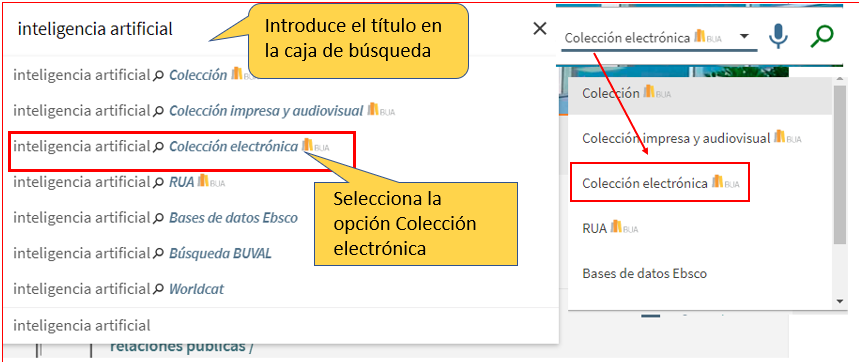 Captura de pantalla mostrando cómo buscar el libro electrónico "Ceremonial y protocolo empresarial" utilizando la búsqueda básica del catálogo, seleccionando la opción "Colección electrónica" 