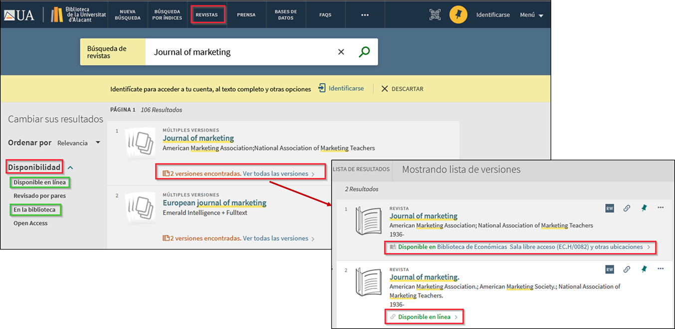 Captura de pantalla mostrando cómo utilizar el buscador de revistas para encontrar la revista 'Journal of marketing'