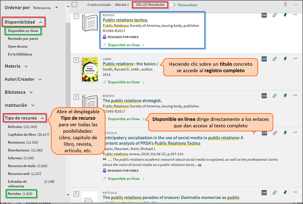 Captura de pantalla mostrando cómo aplicar los filtros 'Disponible en línea' y tipo de material 'Revistas' en la página de resultados