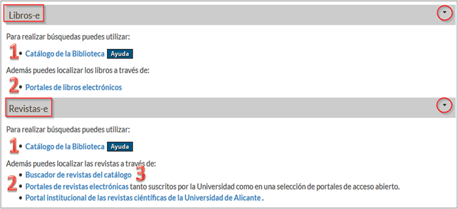Captura de pantalla del apartado 'Recursos electrónicos' de la página web de la biblioteca, en la que se pueden ver las dos vías de acceso a los libros-e (catálogo y portales) y las tres vías de acceso a las revistas-e (catálogo, portales y buscador de revistas).