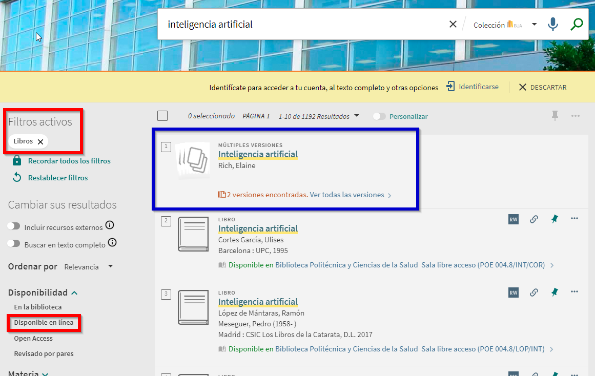 Captura de pantalla mostrando la aplicación de los filtros 'Disponible en línea' y 'Libros' en la lista de resultados.