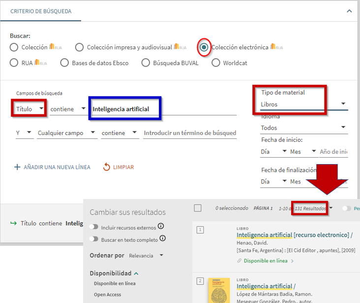 Captura de pantalla mostrando cómo utilizar el formulario de búsqueda avanzada del catálogo para buscar el libro-e 'Inteligencia artificial'