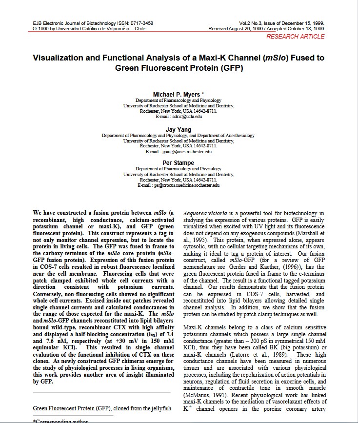 Artículo “Visualization and functional analysis of a maxi-K channel (mSlo) fused to green fluorescent protein (GTP)" publicado en la revista electrónica "Electronic journal of Biotechnology"