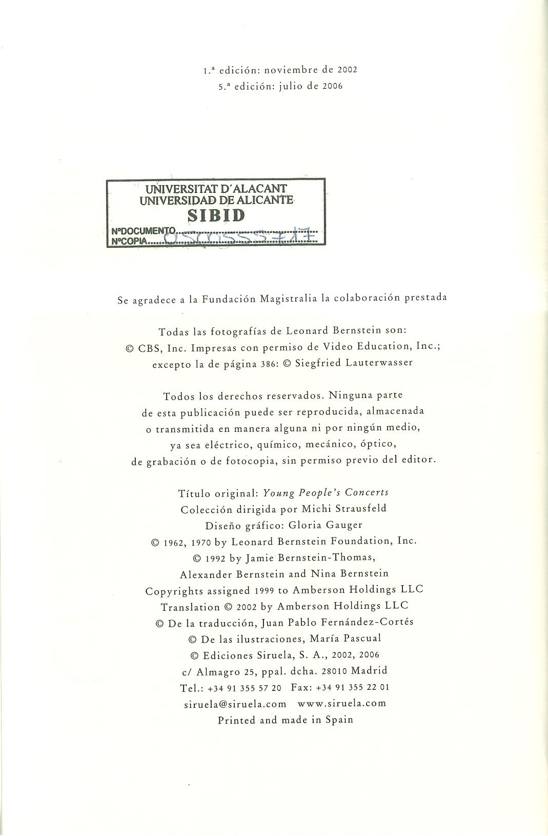 Verso de portada del libro "El maestro te invita a un concierto", con todos los datos de la edición