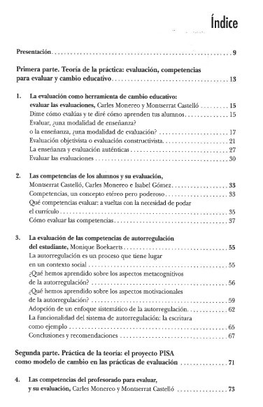 Índice del libro "Pisa como excusa", donde está contenido el capítulo del libr. "La evaluación de las competencias de autorregulación del estudiante"