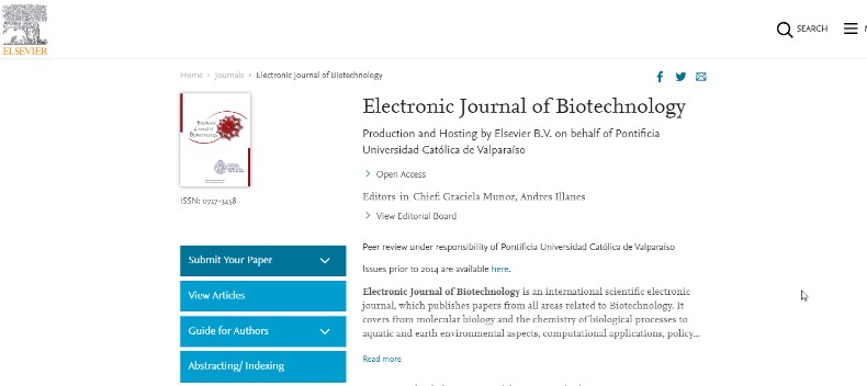 Revista electrónica "EJB: Electronic Journal of Biotechnology" con sus datos bibliográficos