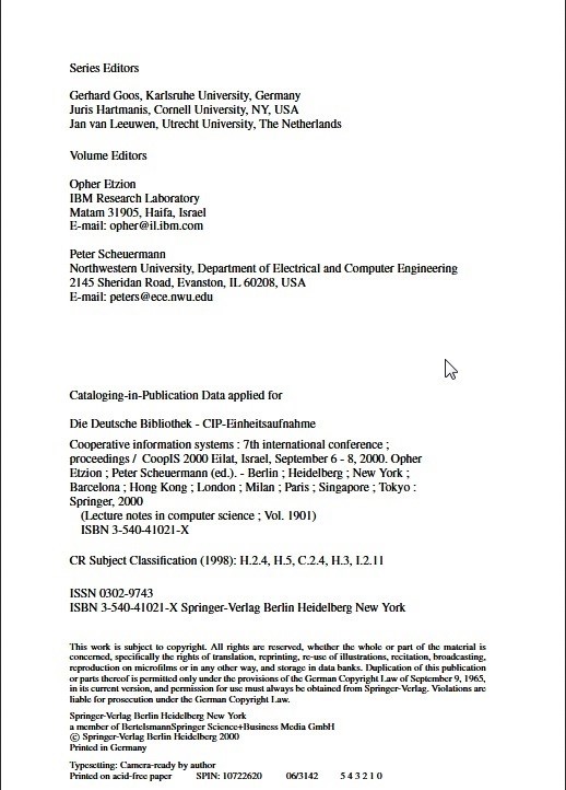 Verso de portada del libro-e "Cooperative Information Systems", donde se pueden ver los datos de edición