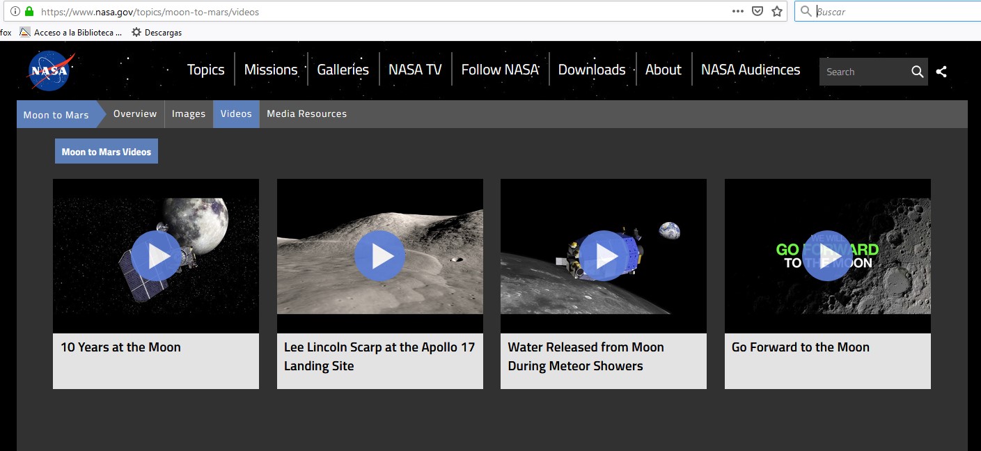 Página web de la NASA, donde muestran videos realizados en sus misiones espaciales a la Luna y Marte