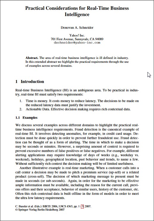 Primera página del capítulo "Practical Consideration for Real-Time Business Intelligence" de Donovan A. Schreider