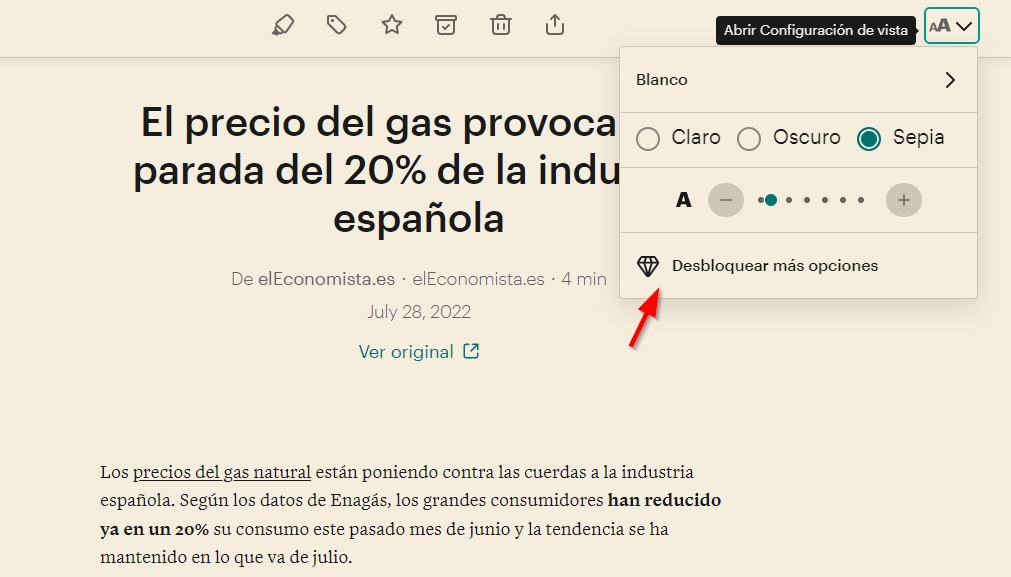 pocket configuración vista lectura
