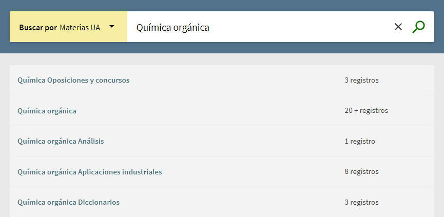 Captura de pantalla del catálogo mostrando el resultado de buscar 'Química orgánica' en el índice de materias