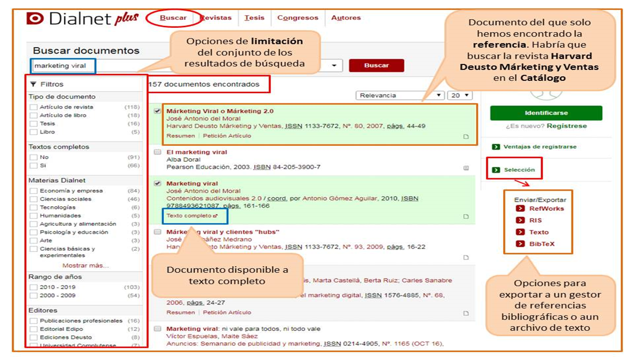 Captura de pantalla mostrando el resultado de buscar en Dialnet Plus documentos sobre 'marketing viral' y las distintas opciones que ofrece la lista de resultados: filtros, acceso a textos completos, selección de resultados y opciones de exportación