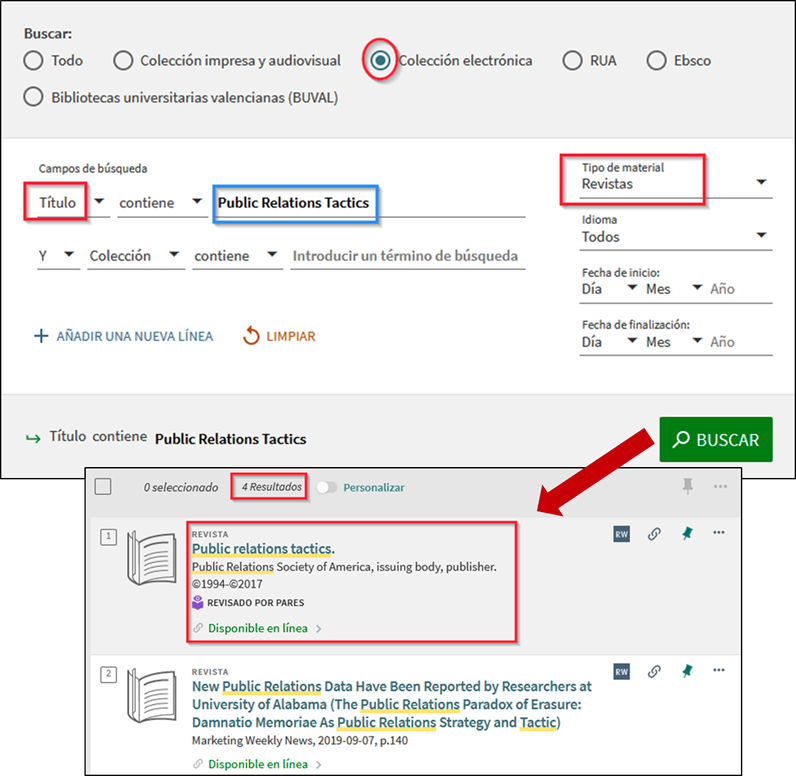 Captura de pantalla mostrando cómo buscar la revista 'Public Relation Tactics' utilizando el formulario de búsqueda avanzada
