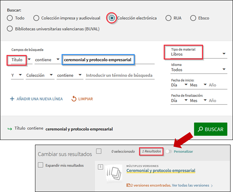Captura de pantalla mostrando cómo utilizar el formulario de búsqueda avanzada del catálogo para buscar el libro-e 'Ceremonial y protocolo empresarial'