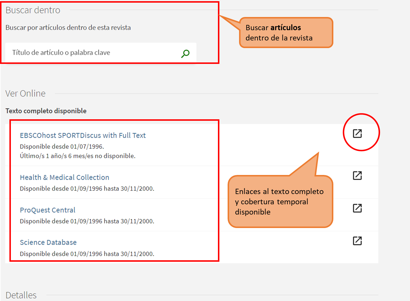 Captura de pantalla de una revista-e, mostrando las opciones para acceder al texto completo y para buscar artículos dentro de la revista