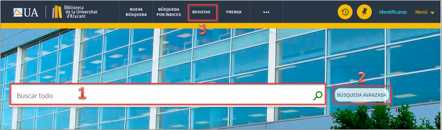Captura de pantalla del catálogo mostrando la ubicación de las 3 opciones de búsqueda de libros y revistas electrónicos: 1) Búsqueda básica, 2) Búsqueda avanzada y 3) Buscador de revistas
