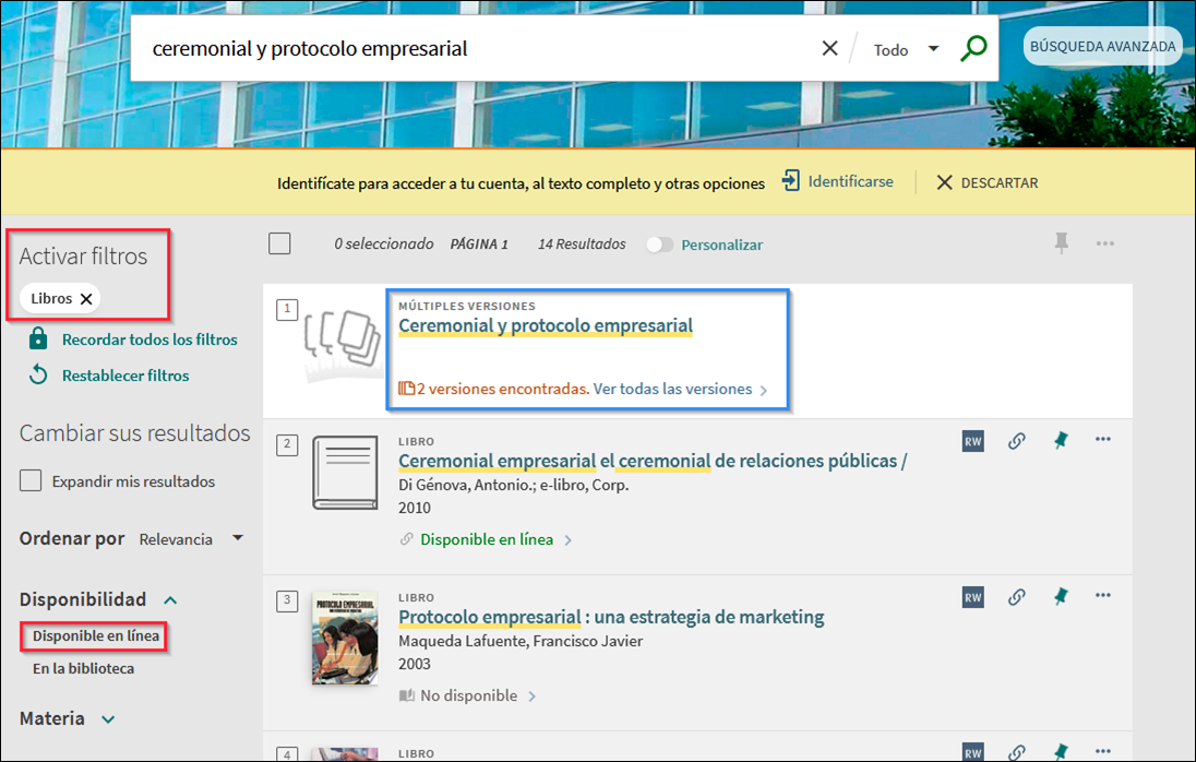 Captura de pantalla mostrando la aplicación de los filtros 'Disponible en línea' y 'Libros' en la lista de resultados.
