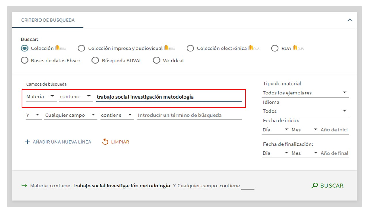 Captura de pantalla del catálogo mostrando cómo buscar la materia 'Trabajo social investigación metodología' utilizando el formulario de búsqueda avanzada